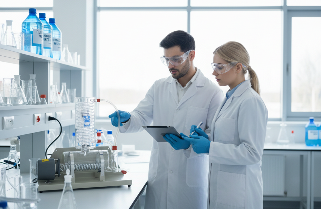 Scientists operating the Basix Water Still W4L distillation unit in a laboratory environment.